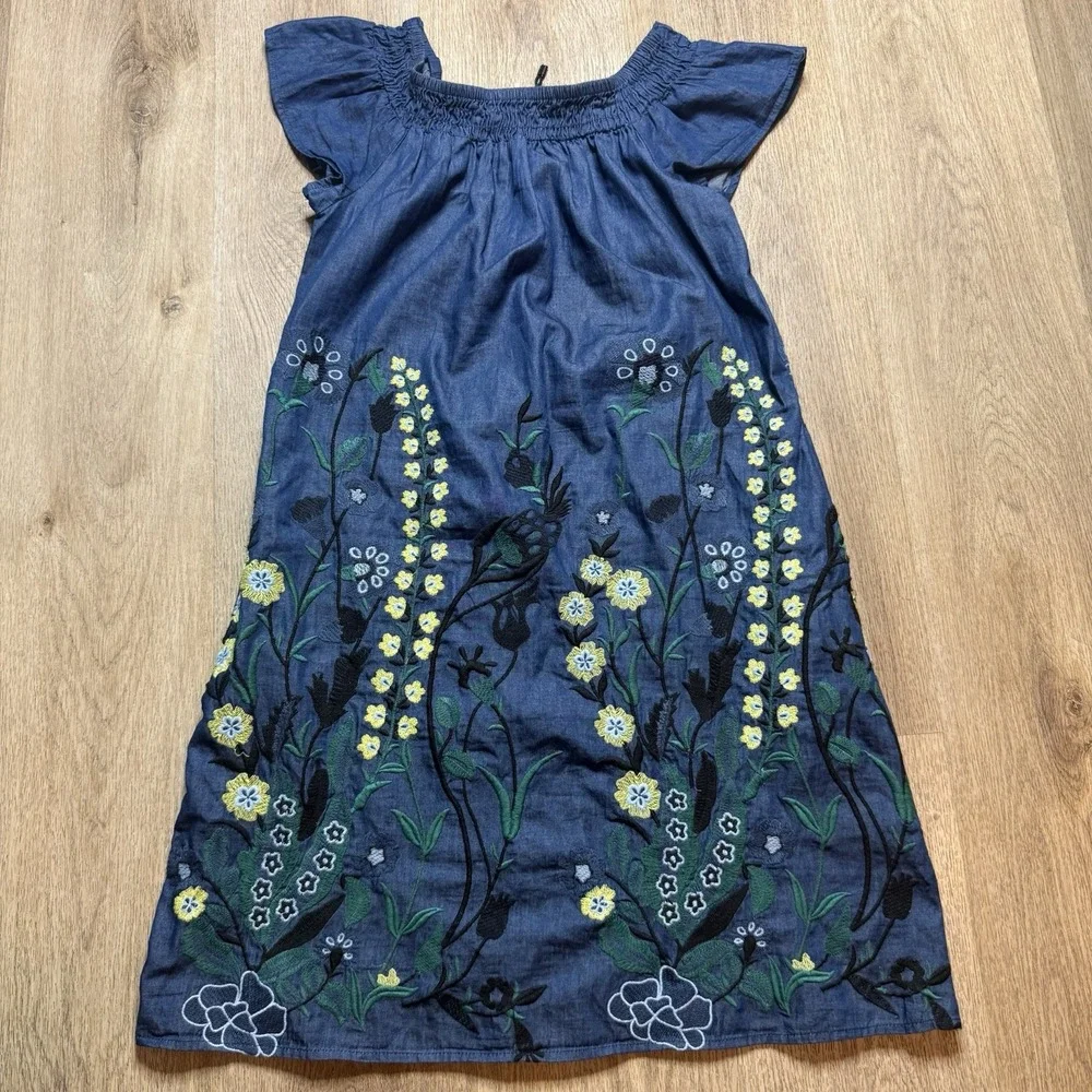 Allison‎ New York Off The Shoulder Denim Embroidered Floral Mini Dress XS